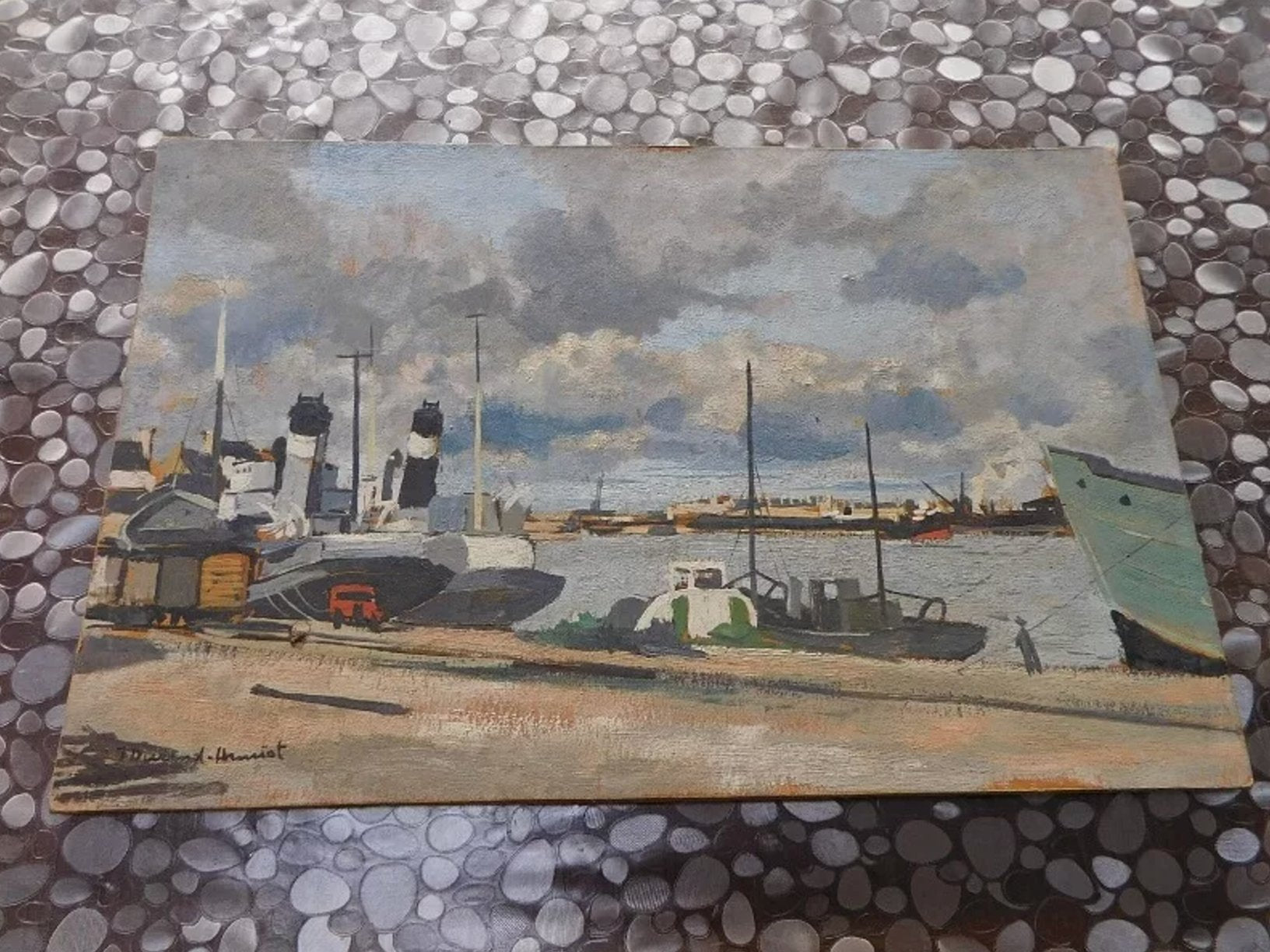 Superbe Tableau Peinture – Port, Huile sur Panneau d'Isorel, signé Durand Henriot - Ethic Atelier