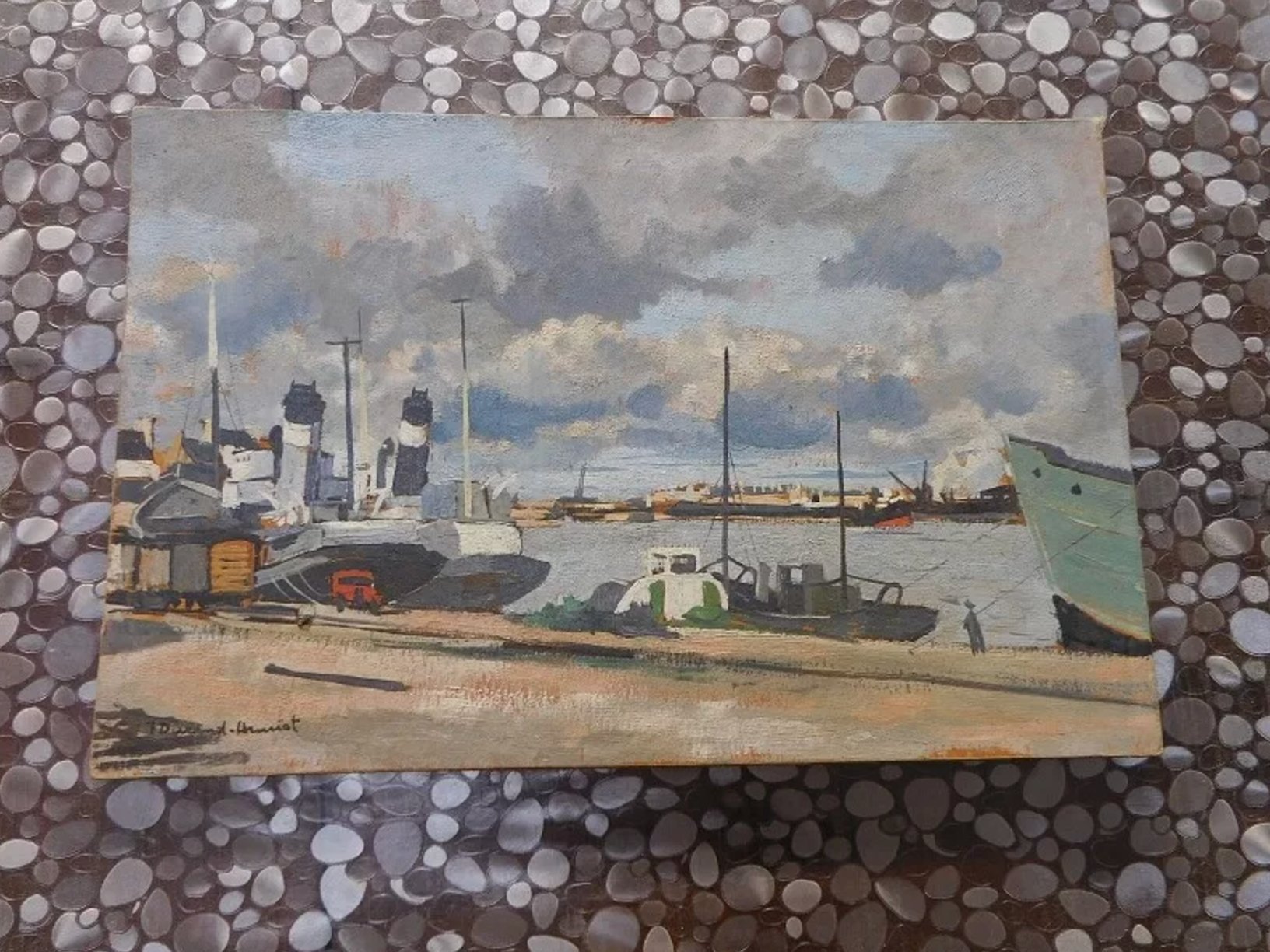 Superbe Tableau Peinture – Port, Huile sur Panneau d'Isorel, signé Durand Henriot - Ethic Atelier