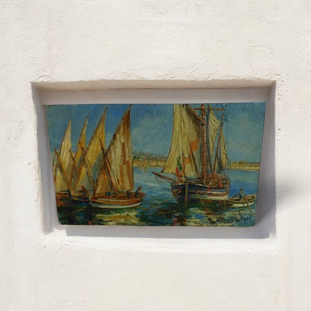 Superbe Tableau Peinture Sans Encadrement - Bateaux avec Sète - H. Roque - 1932 - Ethic Atelier