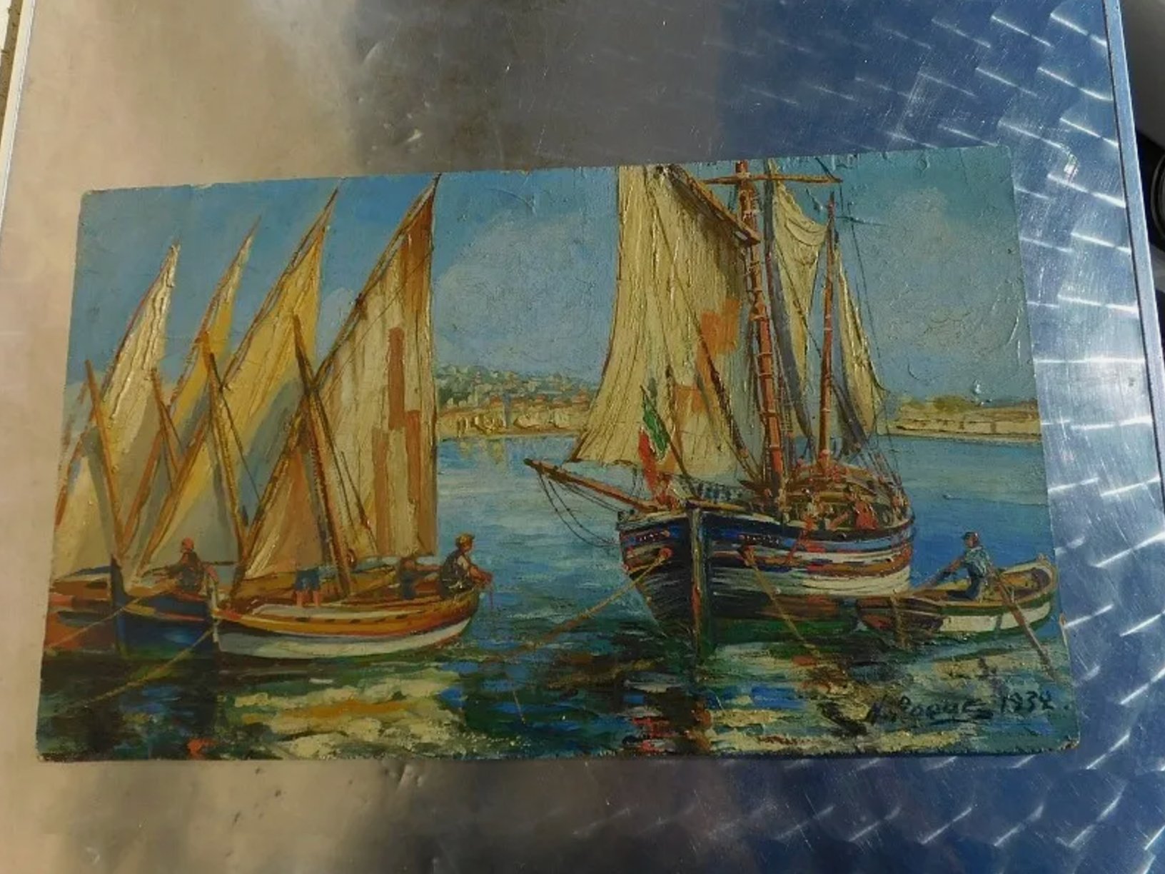 Superbe Tableau Peinture Sans Encadrement - Bateaux avec Sète - H. Roque - 1932 - Ethic Atelier