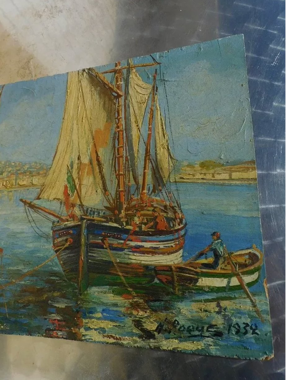 Superbe Tableau Peinture Sans Encadrement - Bateaux avec Sète - H. Roque - 1932 - Ethic Atelier