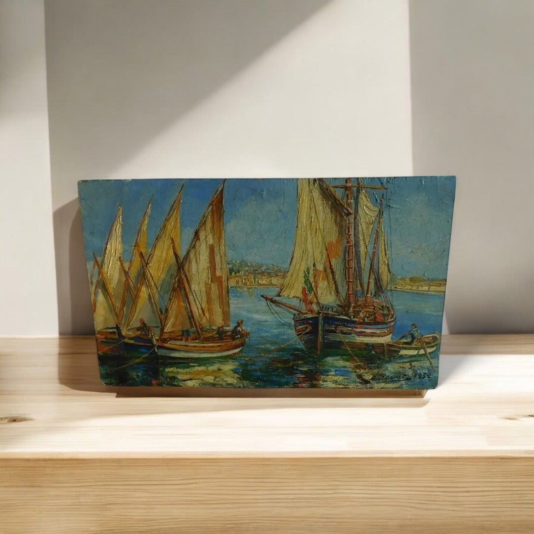 Superbe Tableau Peinture Sans Encadrement - Bateaux avec Sète - H. Roque - 1932 - Ethic Atelier