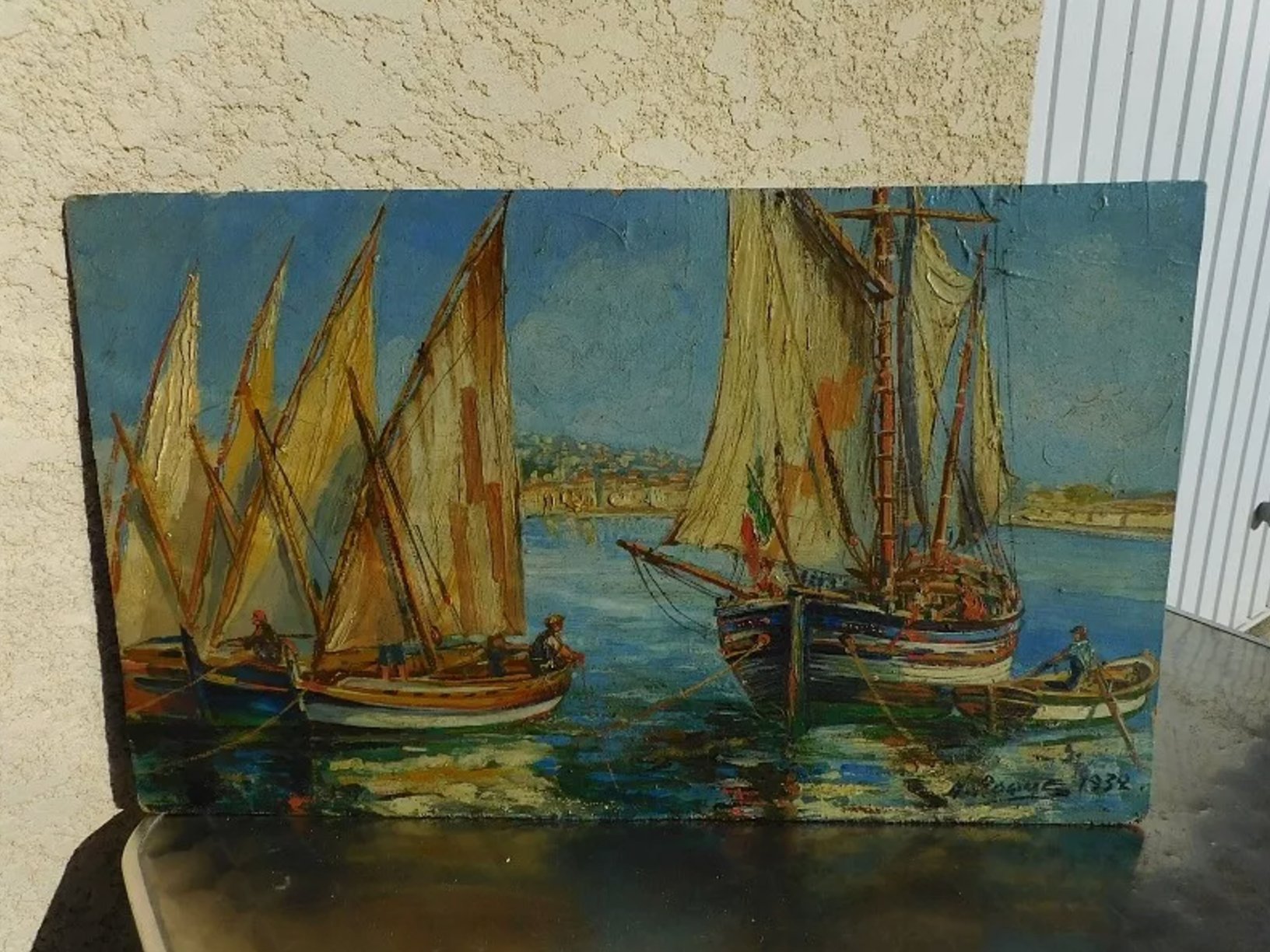 Superbe Tableau Peinture Sans Encadrement - Bateaux avec Sète - H. Roque - 1932 - Ethic Atelier