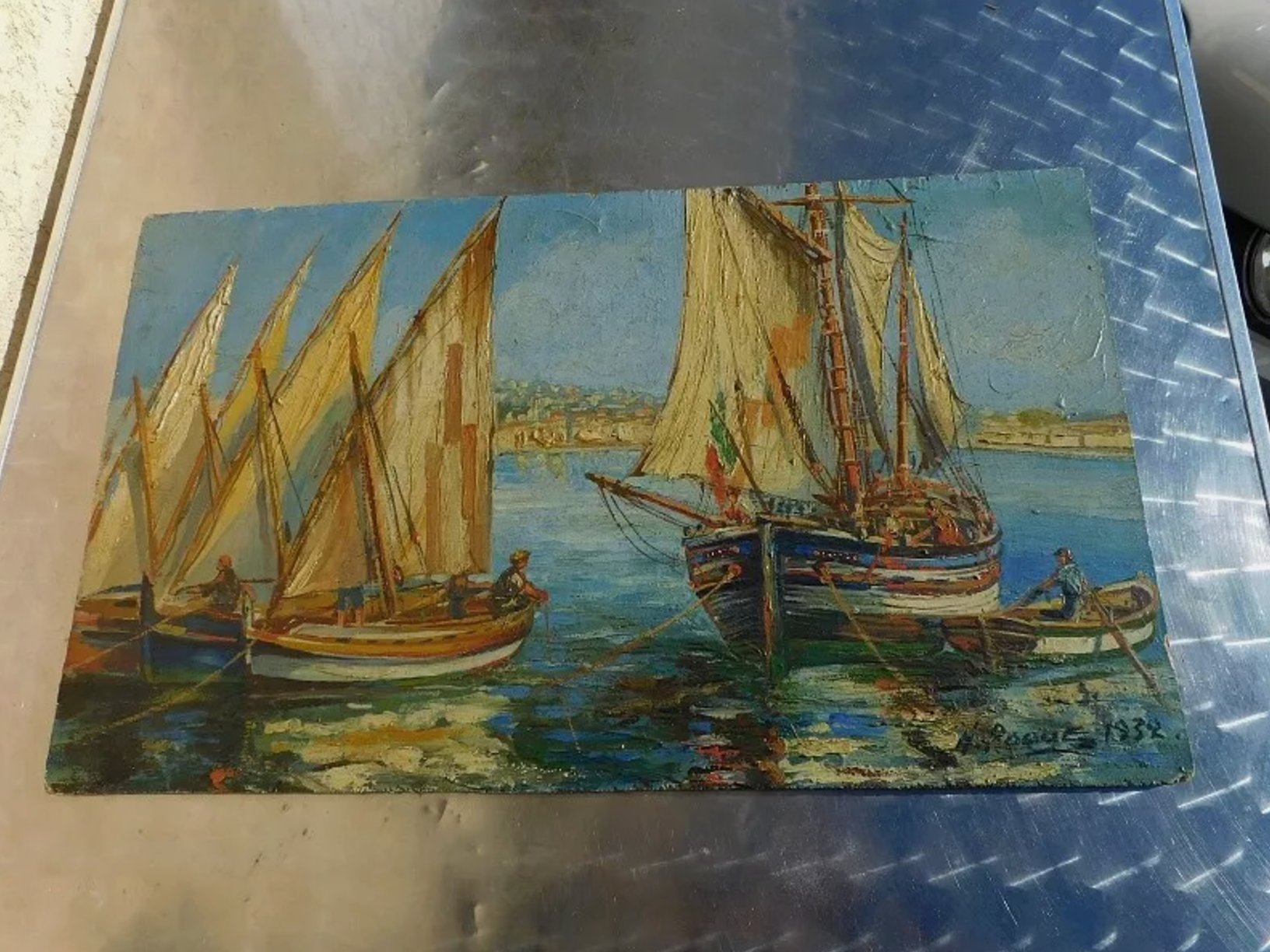 Superbe Tableau Peinture Sans Encadrement - Bateaux avec Sète - H. Roque - 1932 - Ethic Atelier