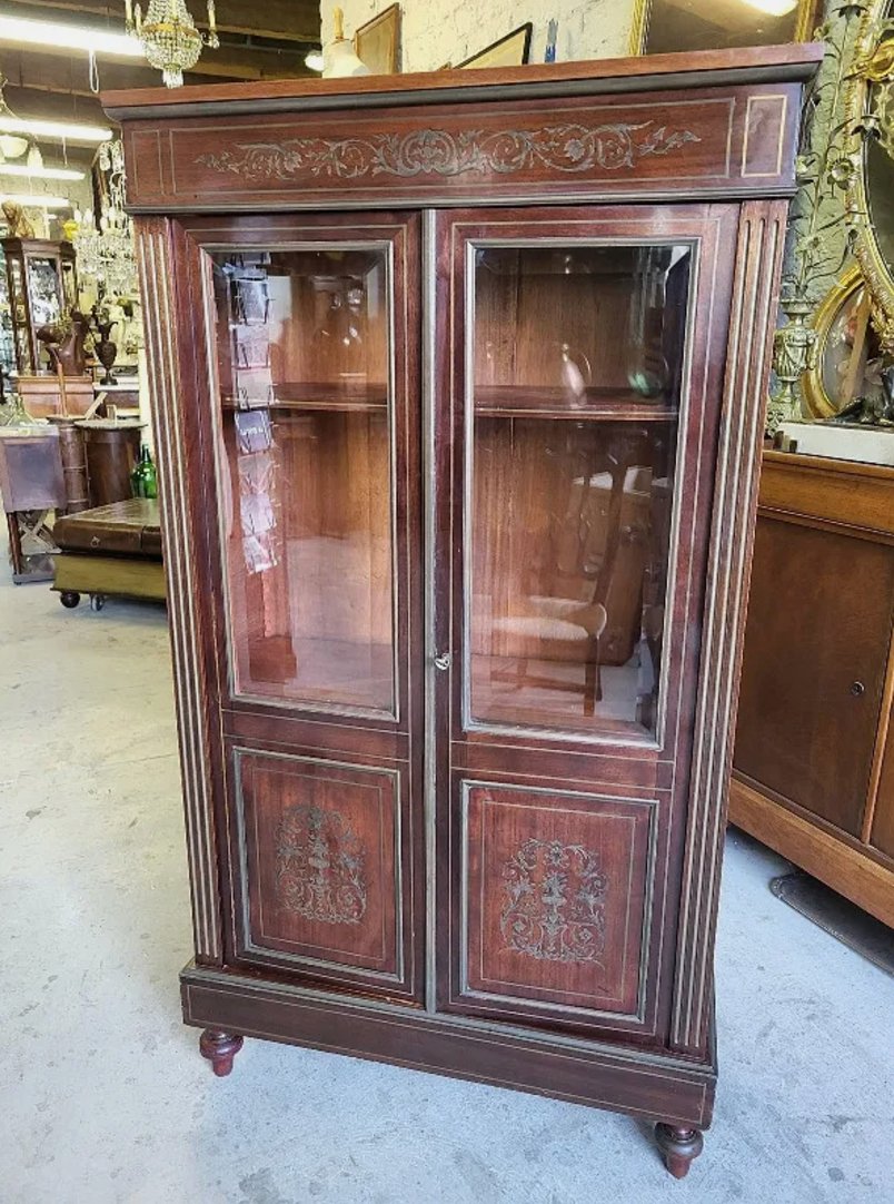 Superbe Vitrine Bibliothèque Napoléon III en Acajou et Marqueterie de Laiton - XIXe Siècle - Ethic Atelier