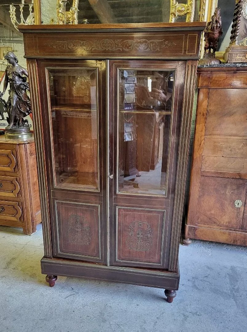 Superbe Vitrine Bibliothèque Napoléon III en Acajou et Marqueterie de Laiton - XIXe Siècle - Ethic Atelier