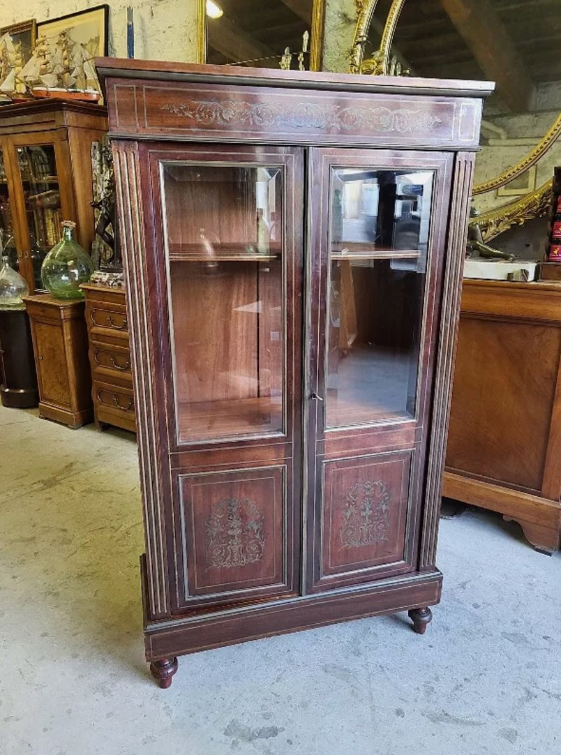 Superbe Vitrine Bibliothèque Napoléon III en Acajou et Marqueterie de Laiton - XIXe Siècle - Ethic Atelier