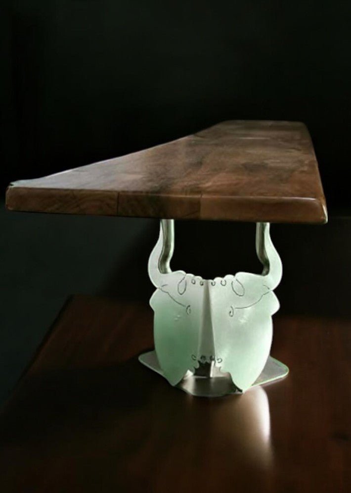 Table artistique en noyer et acier avec son banc et 6 chaises cuir - Ethic Atelier