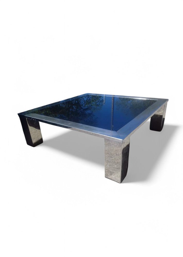 Table Basse Carrée en Acier Chromé et Miroir Bleuté Vers 1970 - Ethic Atelier