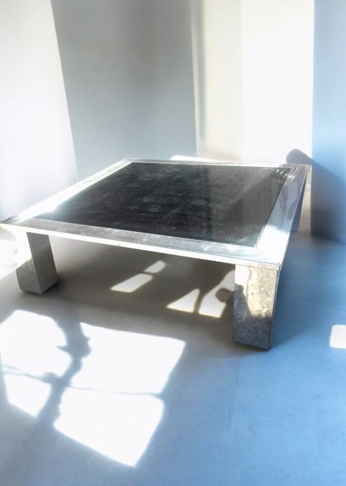 Table Basse Carrée en Acier Chromé et Miroir Bleuté Vers 1970 - Ethic Atelier