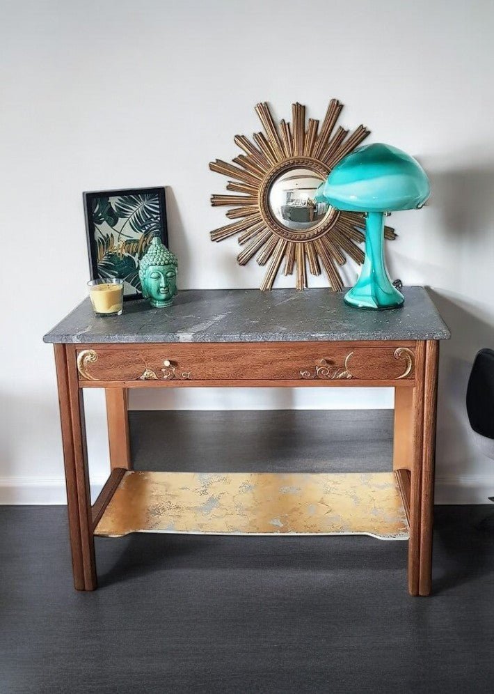 Table Desserte / Console MIDAS Restaurée avec Dorure à la Feuille – Chêne, Hêtre & Marbre - Ethic Atelier