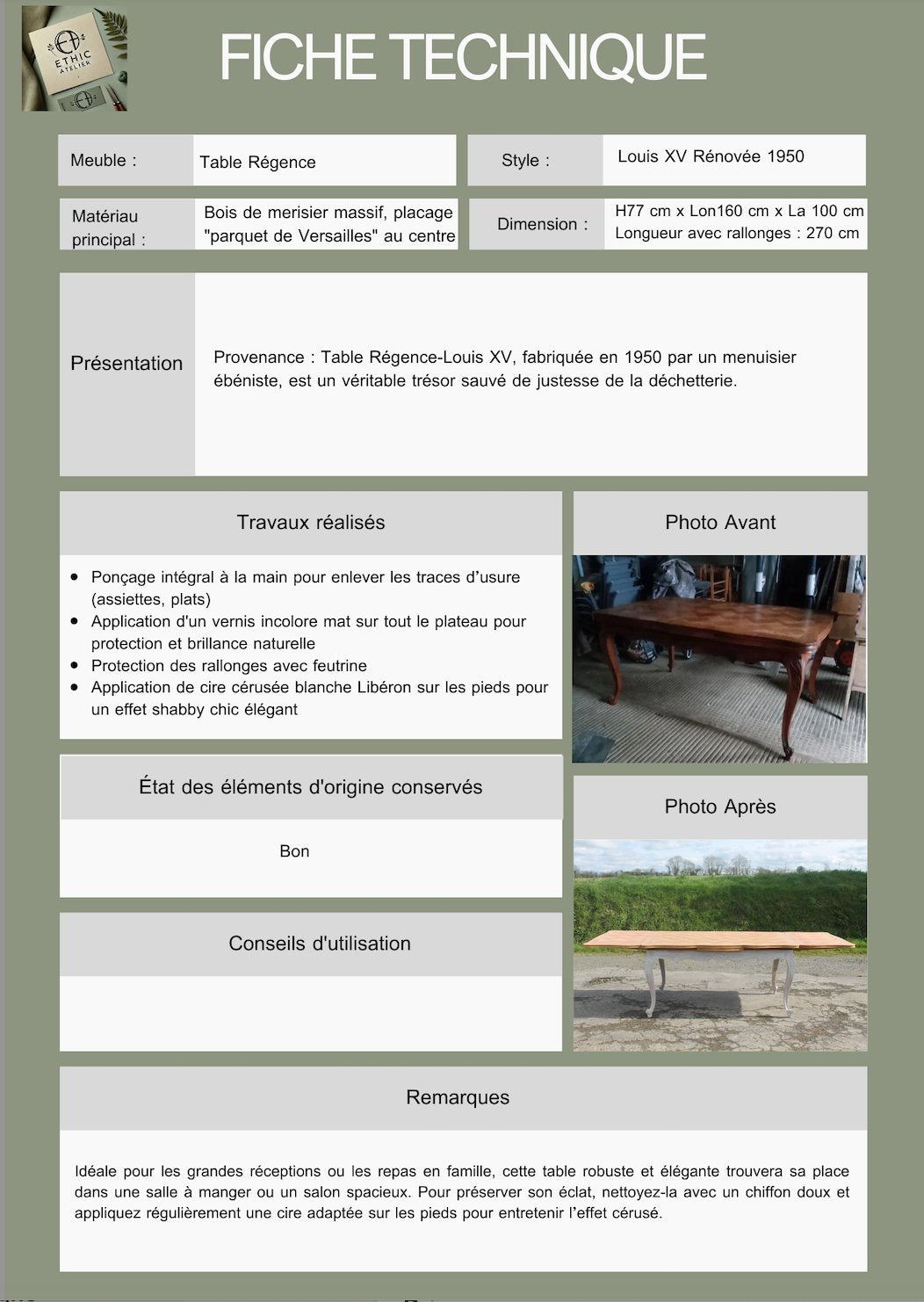 Table Régence - Louis XV Rénovée 270 cm avec rallonge - Ethic Atelier