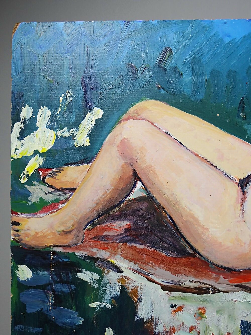 Tableau petit nu de femme allongée, style naïf huile sur panneau vintage - Ethic Atelier
