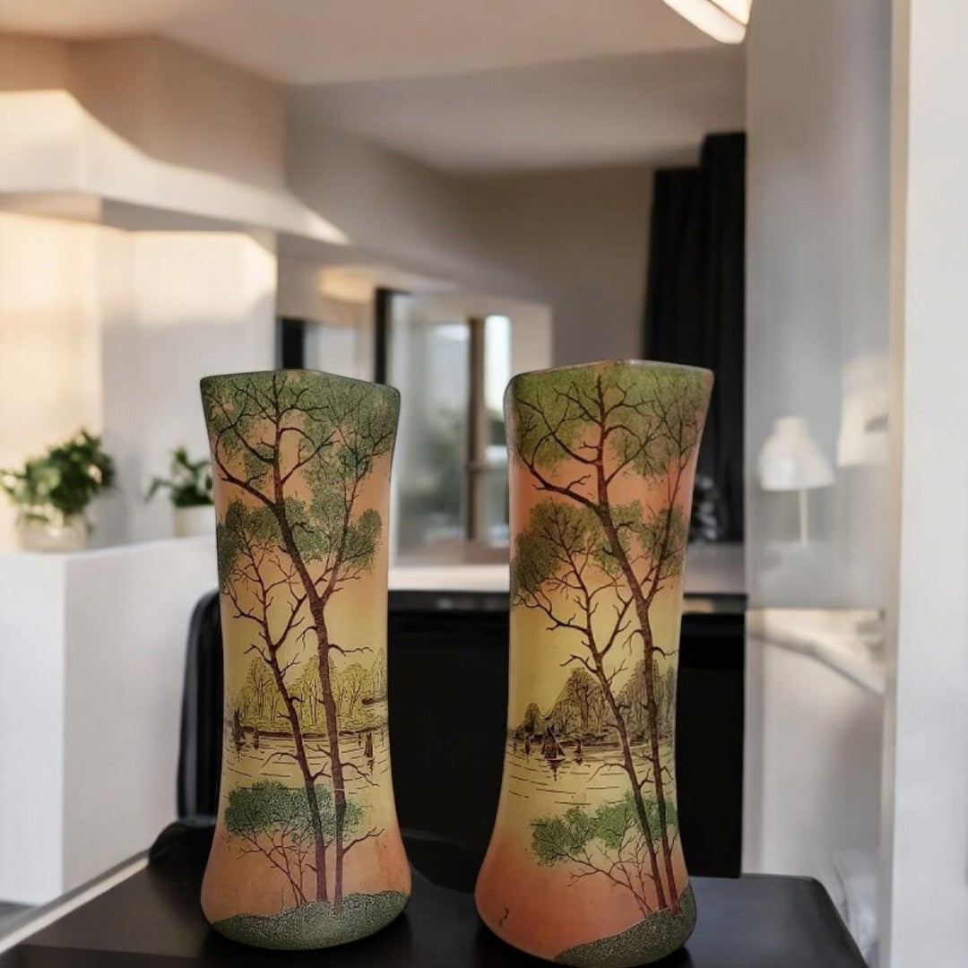 Jolie Paire de Vases en Verre Peint - Type Legras