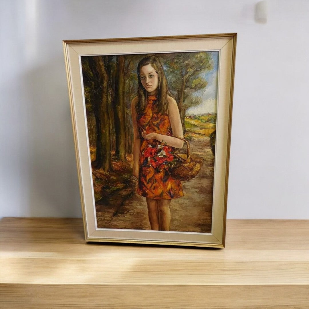 Magnifique et Grand Tableau de 1968 - "La Fille au Panier" - Signé Lucienne Bosquet