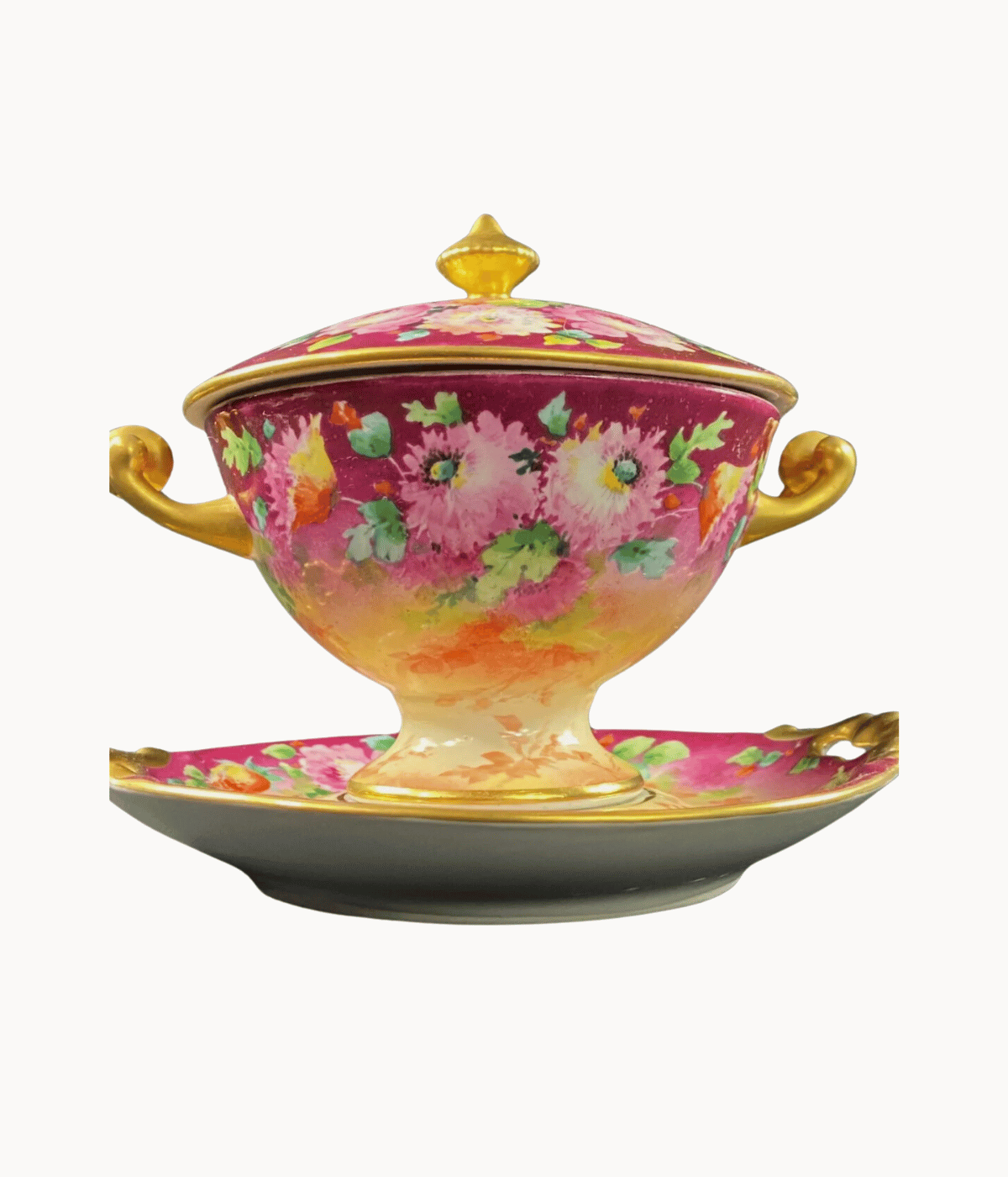 Tasse Trembleuse, Confiturier, Drageoir en Porcelaine de Limoges à Décor Floral Polychrome et Or de Style Régence Signé A. Gaillard - Ethic Atelier