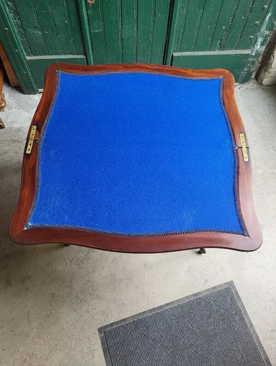 Très Belle Table à Jeux en Acajou - XIXe siècle - Décor de Fleurs avec Tapis Bleu - Ethic Atelier