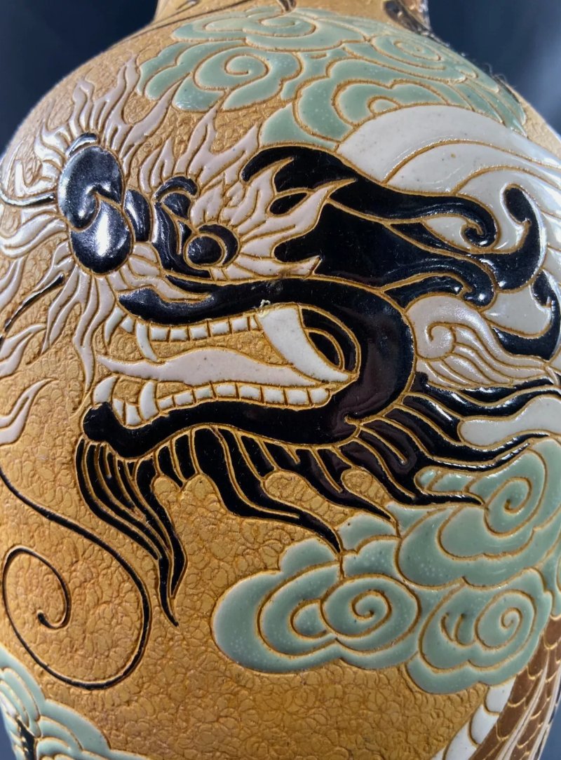 Très grande lampe au dragon sur fond jaune en grès BIEN HOA Vietnam - Ethic Atelier