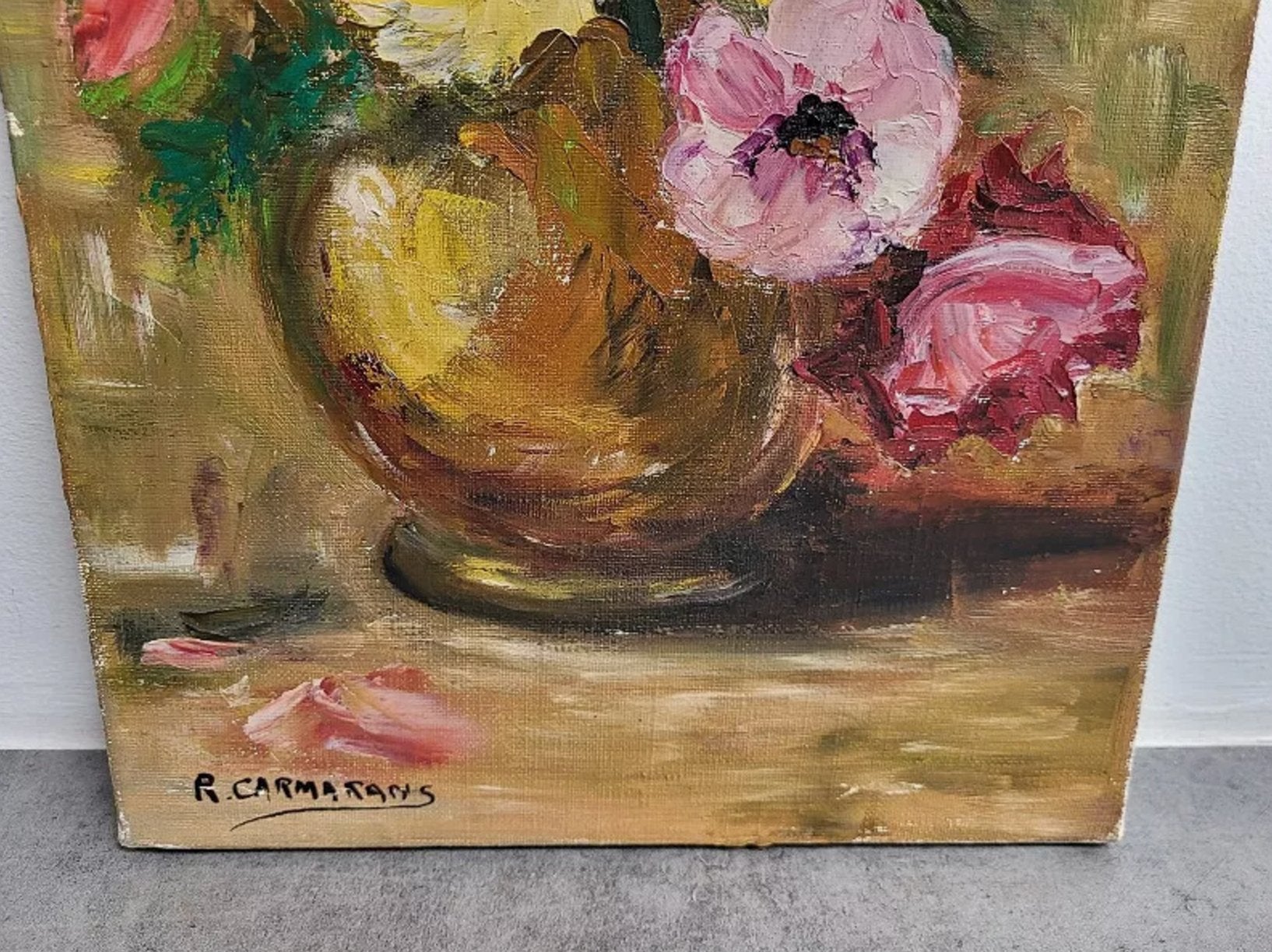 Très Joli Tableau Peinture - Huile sur Toile - Bouquet de Fleurs dans un Vase - Signé R. Carmatans - Ethic Atelier