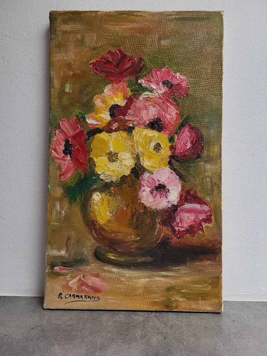 Très Joli Tableau Peinture - Huile sur Toile - Bouquet de Fleurs dans un Vase - Signé R. Carmatans - Ethic Atelier