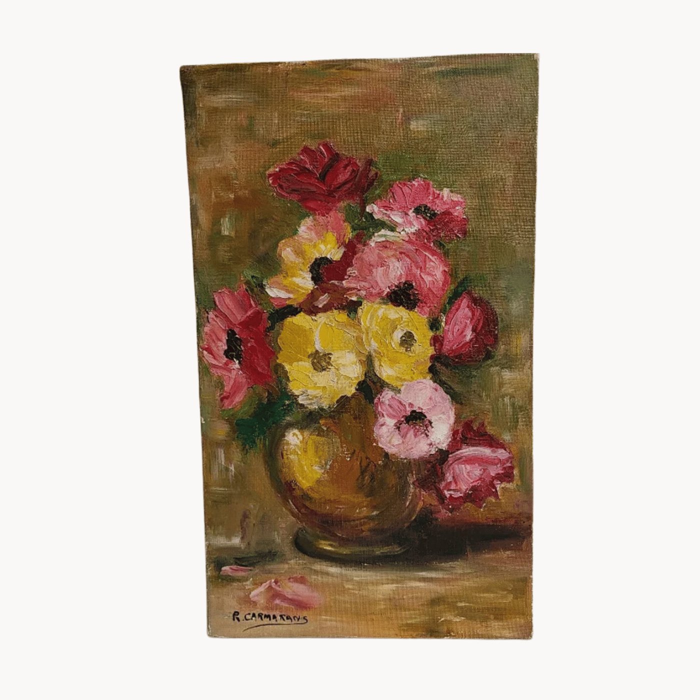 Très Joli Tableau Peinture - Huile sur Toile - Bouquet de Fleurs dans un Vase - Signé R. Carmatans - Ethic Atelier