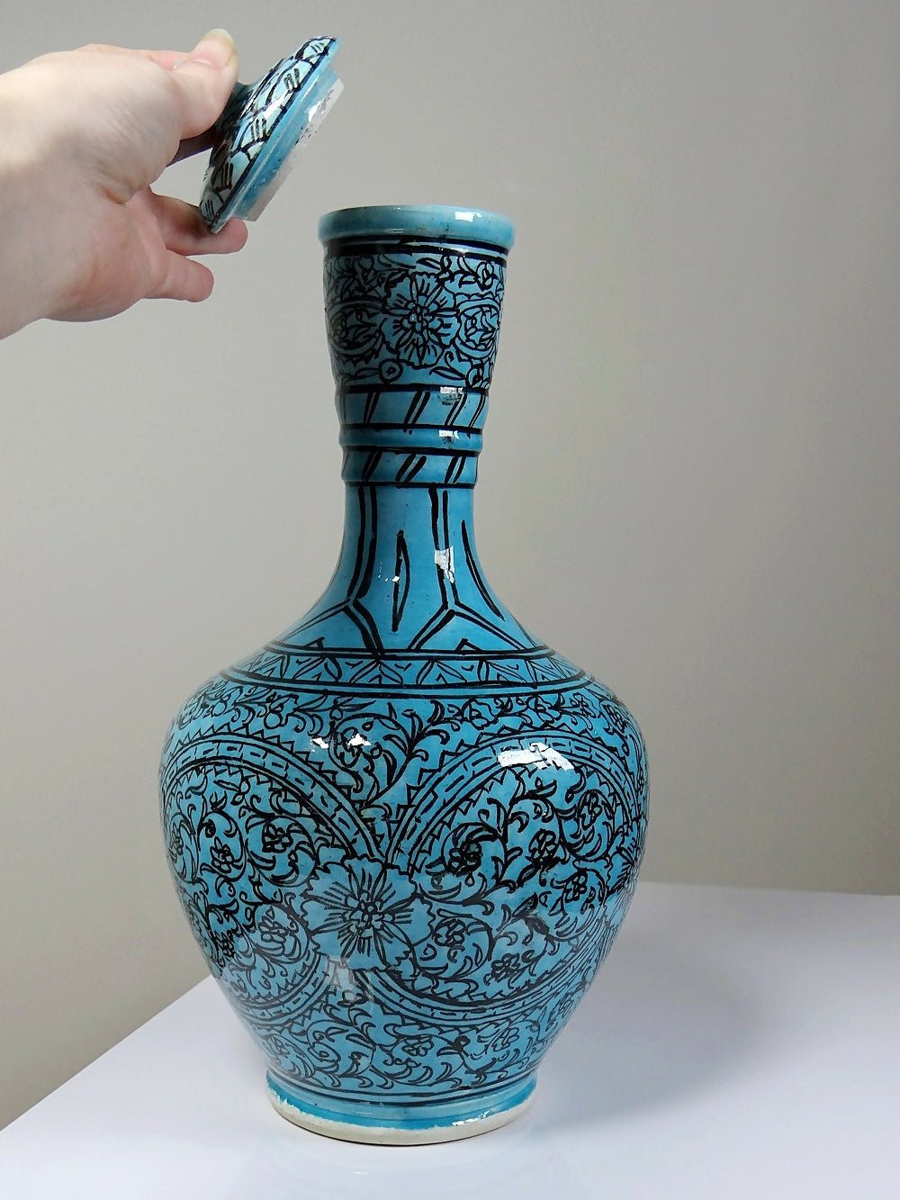 Vase couvert ou jarre Persane poterie glacée Iznik turquoise peinte vintage - Ethic Atelier