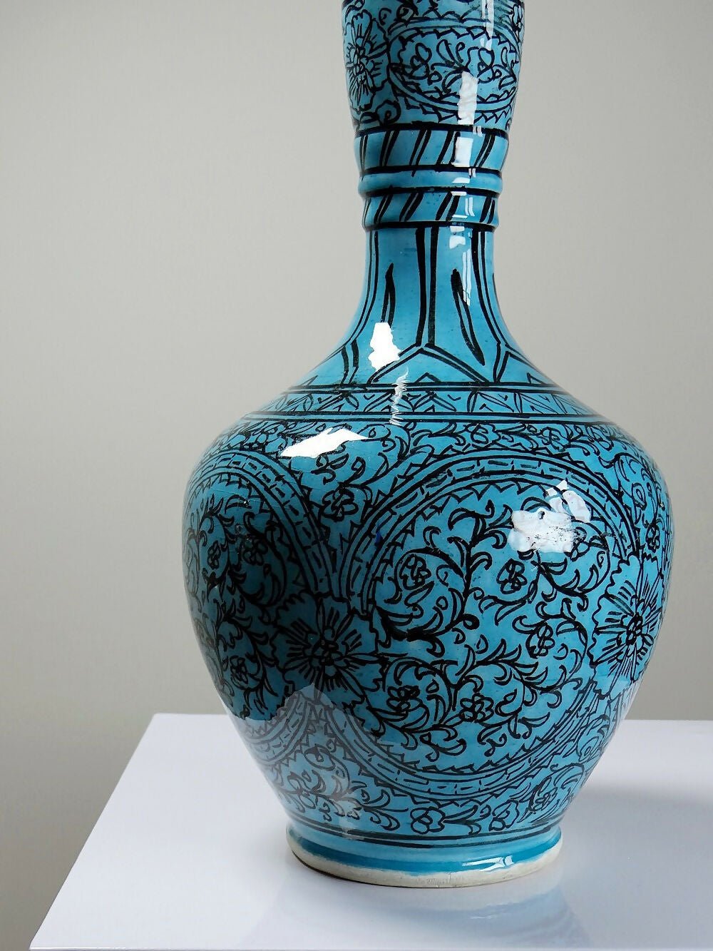 Vase couvert ou jarre Persane poterie glacée Iznik turquoise peinte vintage - Ethic Atelier