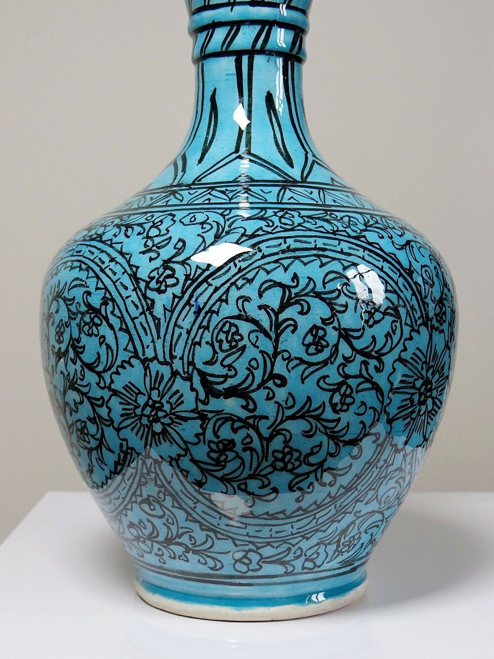 Vase couvert ou jarre Persane poterie glacée Iznik turquoise peinte vintage - Ethic Atelier