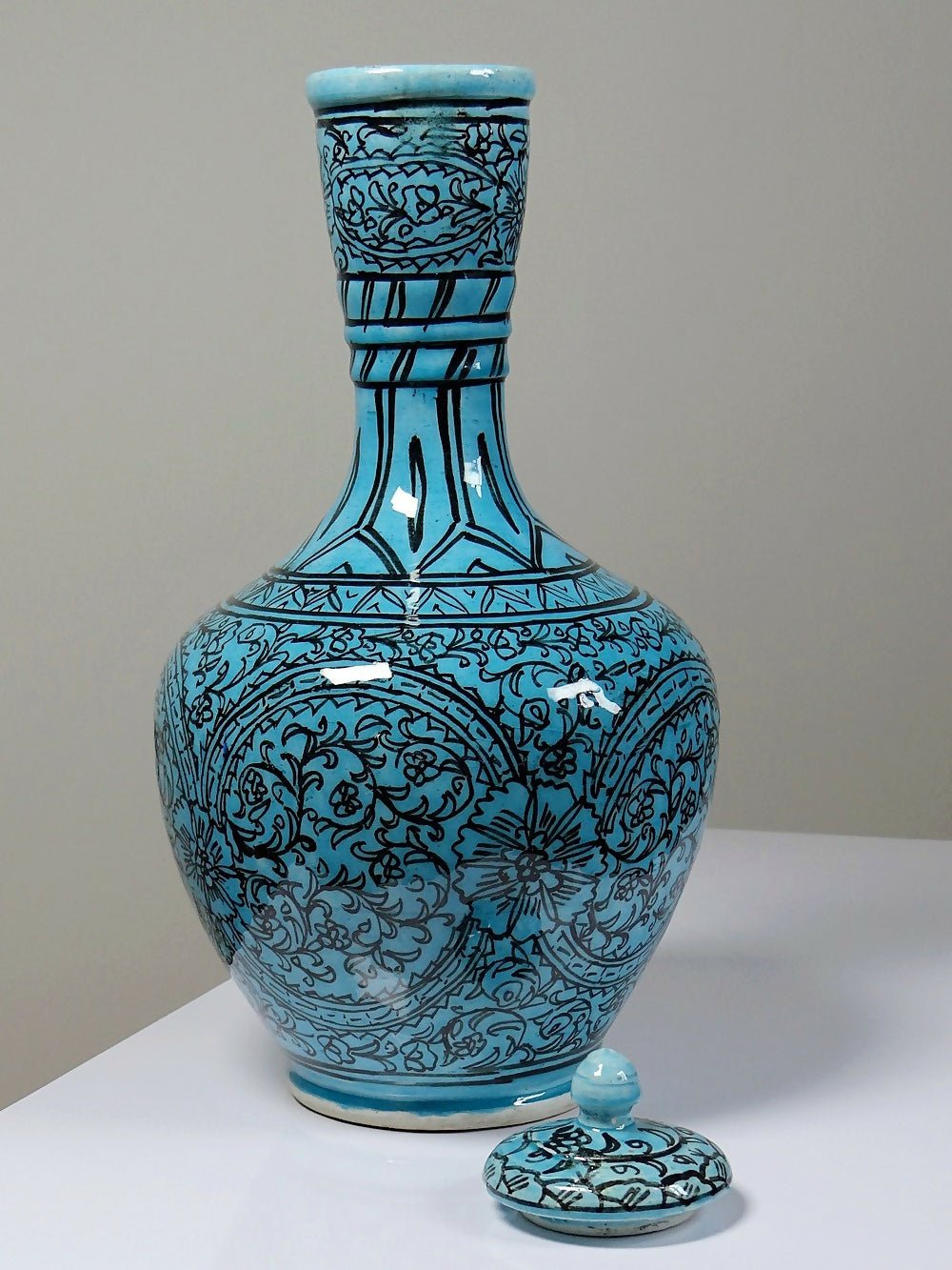 Vase couvert ou jarre Persane poterie glacée Iznik turquoise peinte vintage - Ethic Atelier