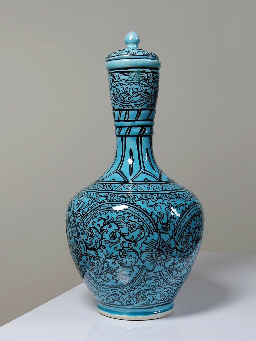 Vase couvert ou jarre Persane poterie glacée Iznik turquoise peinte vintage - Ethic Atelier