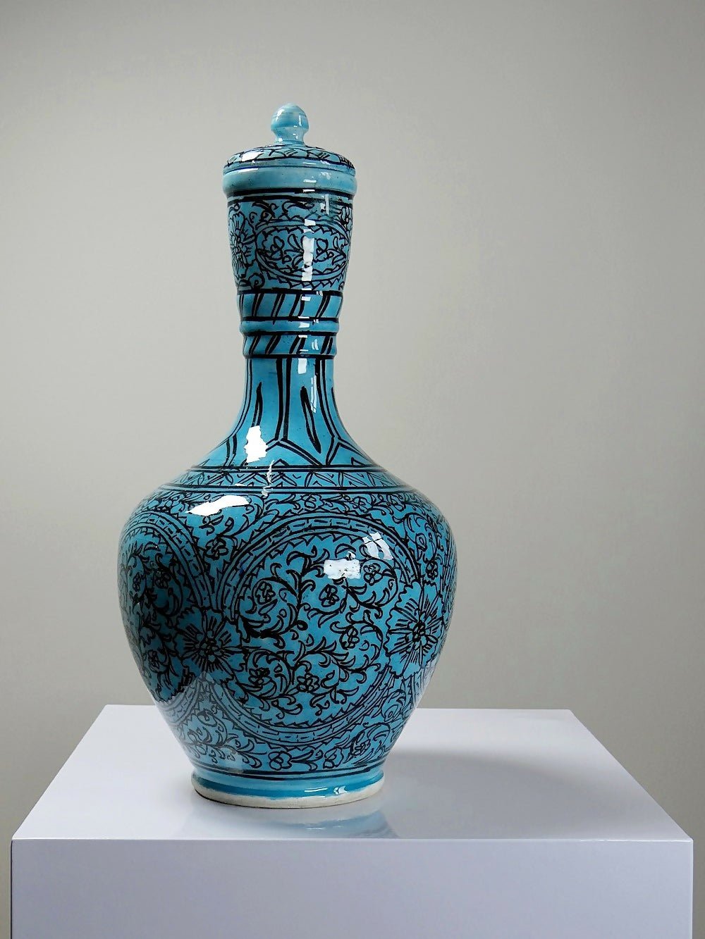 Vase couvert ou jarre Persane poterie glacée Iznik turquoise peinte vintage - Ethic Atelier