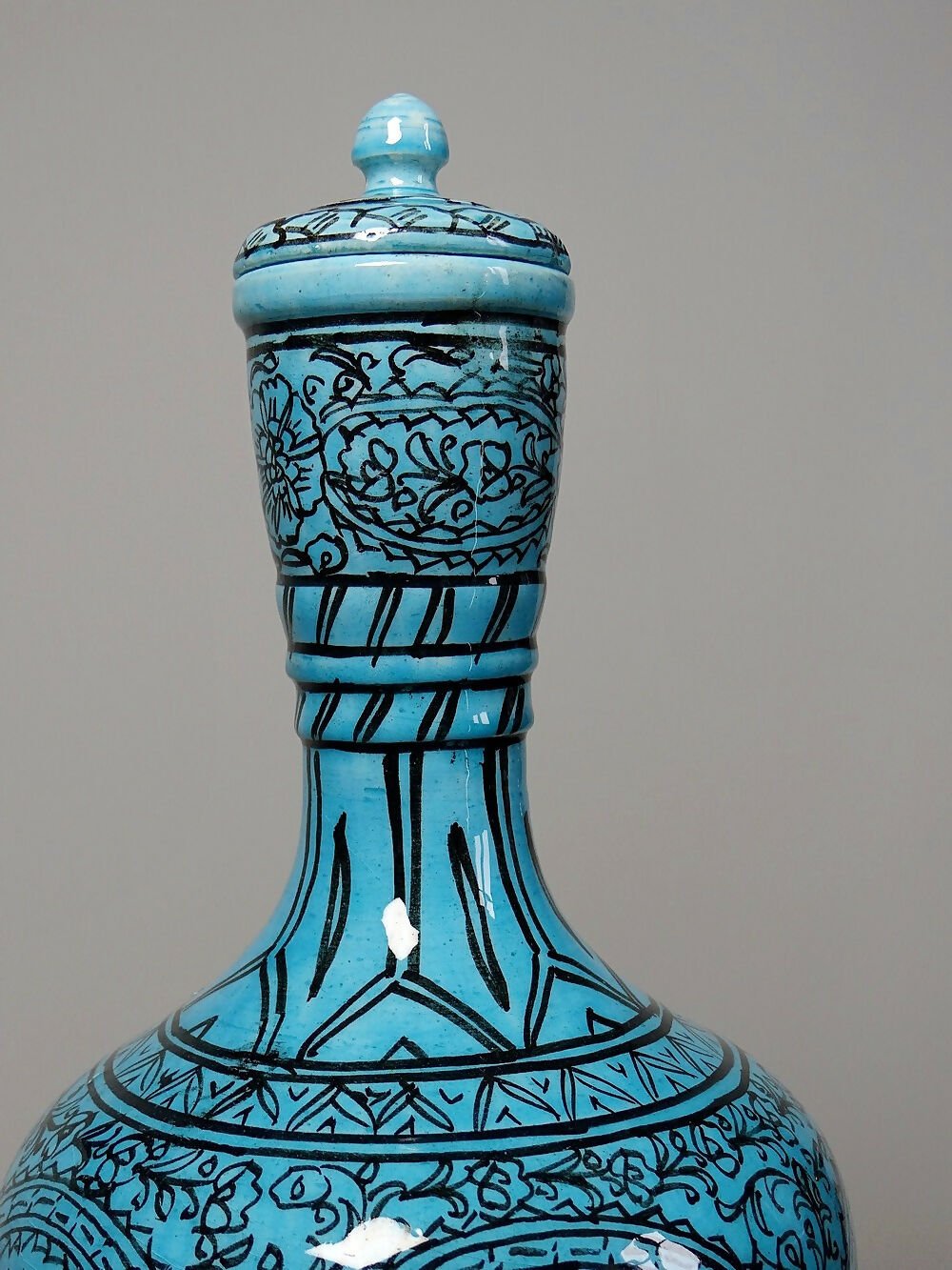 Vase couvert ou jarre Persane poterie glacée Iznik turquoise peinte vintage - Ethic Atelier